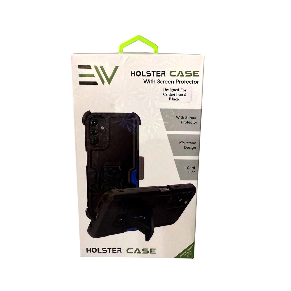 EW Black Holster Case for Cricket Icon 6 wi Screen Protector Kickstand Card Slot